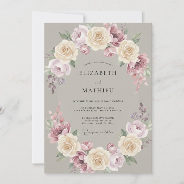 Invitation Mariage Romantique Vintage Taupe (Devant)