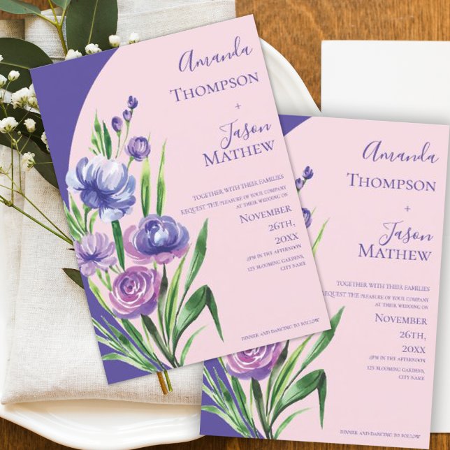 Invitation Mariage romantique violet rose rose floral élégant (Romantic Purple Blush Pink Floral Elegant Wedding Invitation)