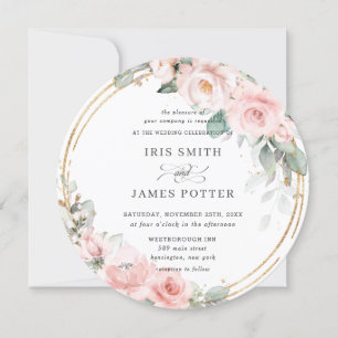 Invitation Mariage Rond Fleurs Rose Pâle et Feuillage Doré