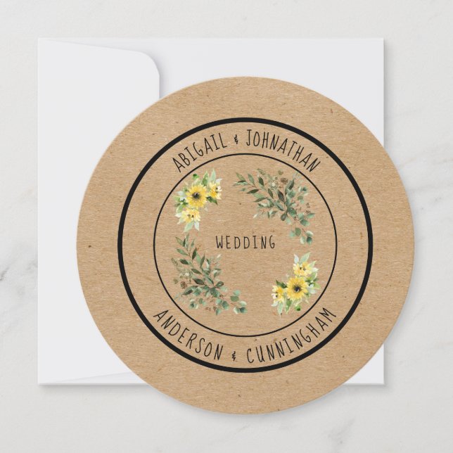 Invitation Mariage Rond Tournesol Simple Rustique (Devant)