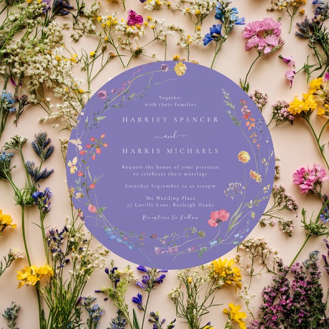 Invitation Mariage rond violet Fleur sauvage coloré (Créateur téléchargé)