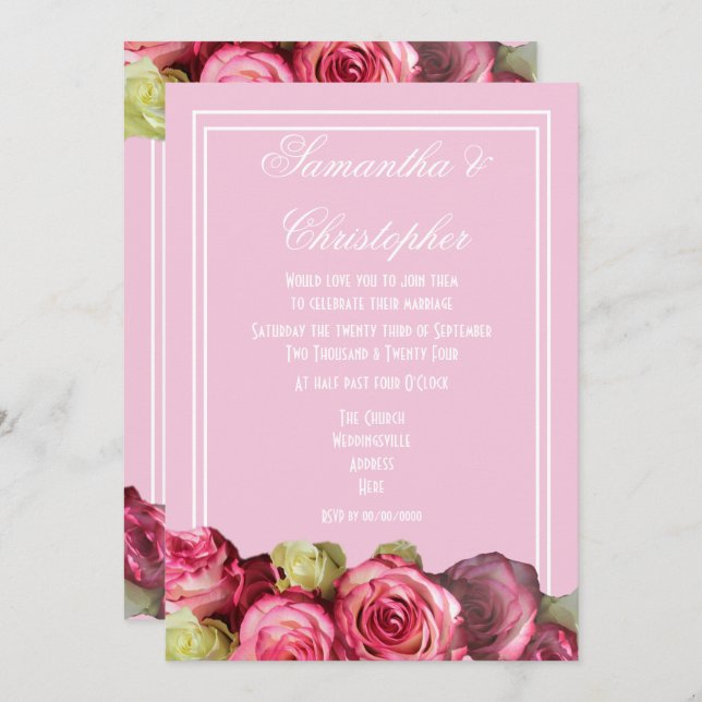Invitation mariage rose à fleurs de bordure rose (Devant / Derrière)