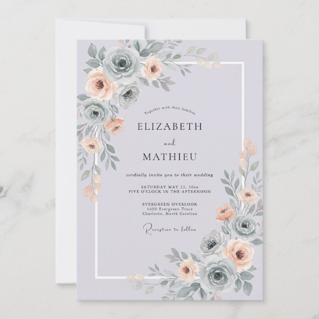 Invitation Mariage Rose Abricot Pervenche Poussiéreuse (Devant)