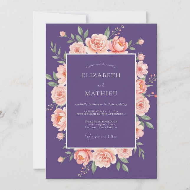 Invitation Mariage Rose Abricot Prune (Devant)