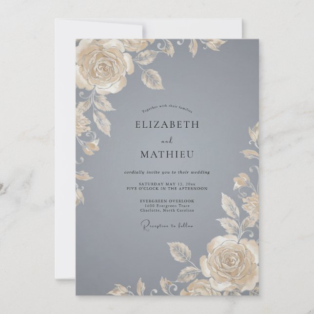 Invitation Mariage Rose Acier Gris Champagne (Devant)
