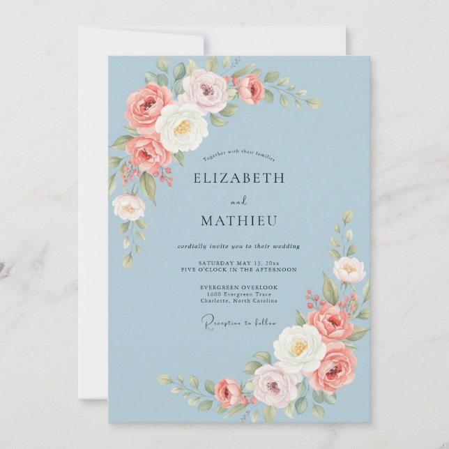 Invitation Mariage Rose Antique Bleu Poudre (Devant)