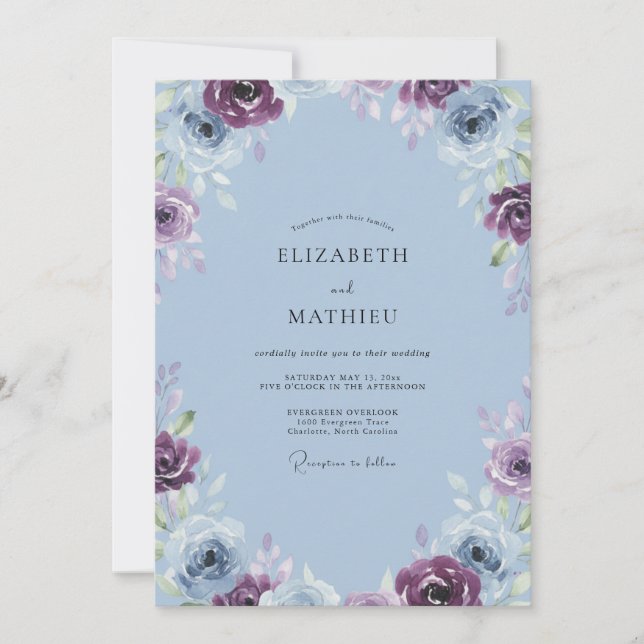 Invitation Mariage Rose Antique Pervenche (Devant)