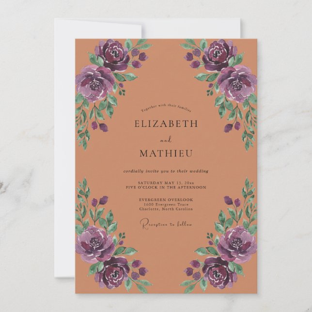 Invitation Mariage Rose Antique Violette Terracotta (Devant)