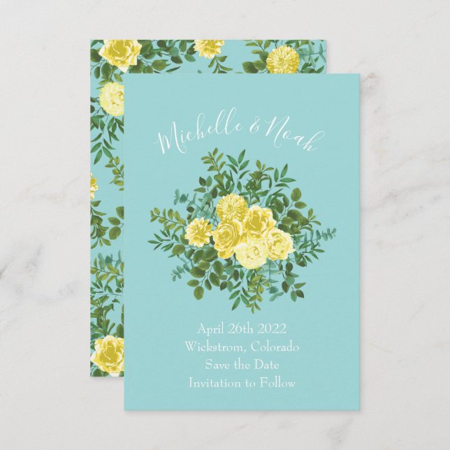 Invitation Mariage Rose Aqua Jaune clair et Turquoise Date de (Devant / Derrière)