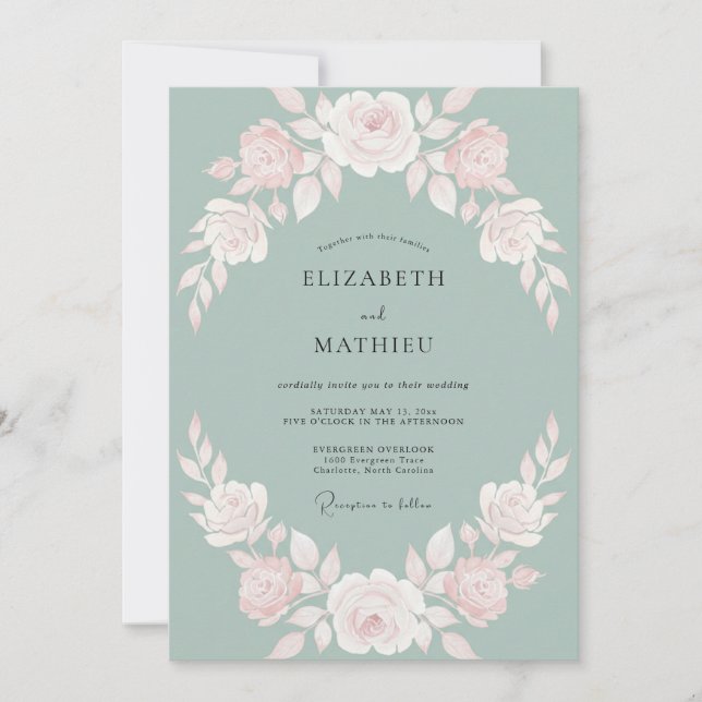 Invitation Mariage Rose Aquarelle Délicate Sauge (Devant)