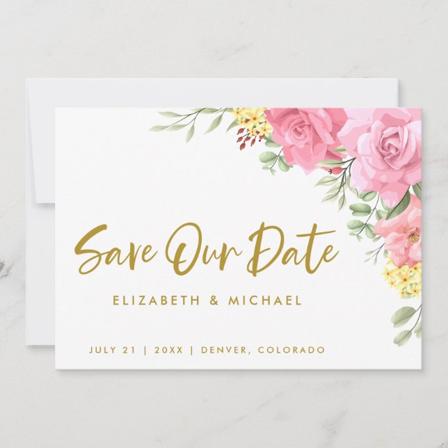 Invitation Mariage Rose Aquarelle Économisez Notre Date Invit (Devant)