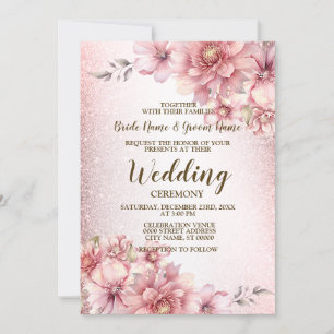 Invitation Mariage rose Aquarelle Fleurs Parties scintillant