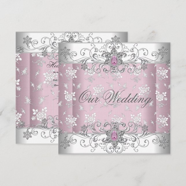 Invitation Mariage Rose Argent Blanc Diamant Bijou Dentelle (Devant / Derrière)