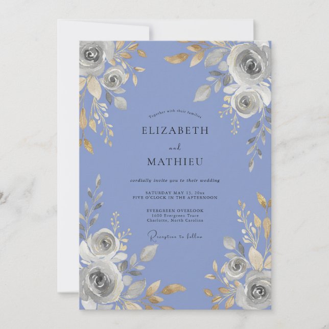 Invitation Mariage Rose Argent Pervenche (Devant)