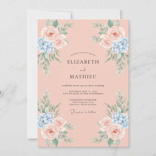 Invitation Mariage Rose Artistique Pêche (Devant)