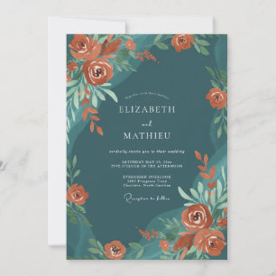 Invitation Mariage Rose Artistique Sarcelle Profonde