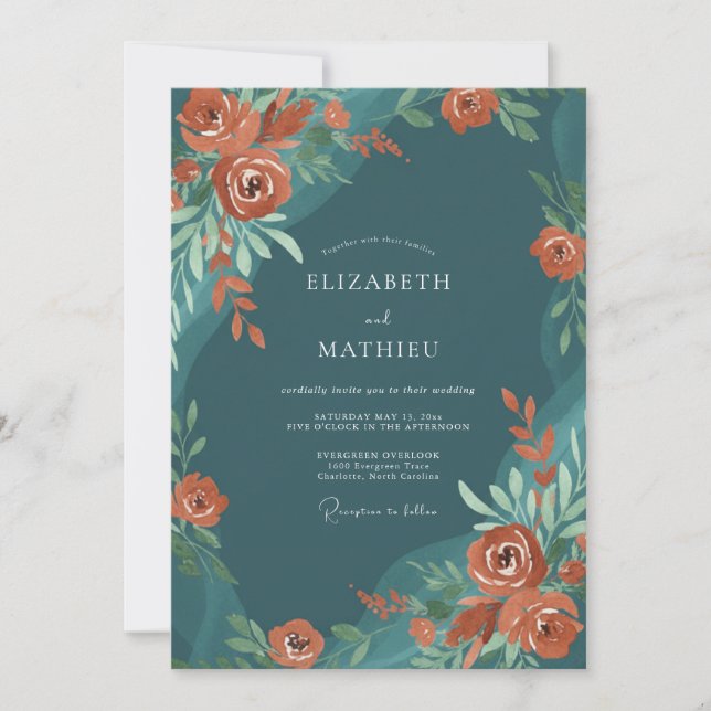 Invitation Mariage Rose Artistique Sarcelle Profonde (Devant)