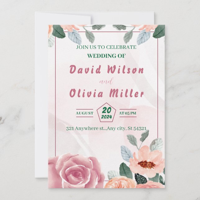 Invitation Mariage rose avec fleurs d'aquarelle, feuille (Devant)