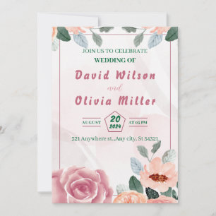 Invitation Mariage rose avec fleurs d'aquarelle, feuille