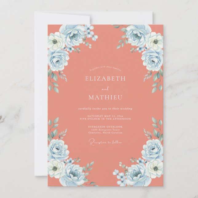 Invitation Mariage Rose Azur Corail (Devant)