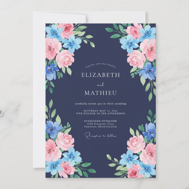 Invitation Mariage Rose Azur de Minuit (Devant)