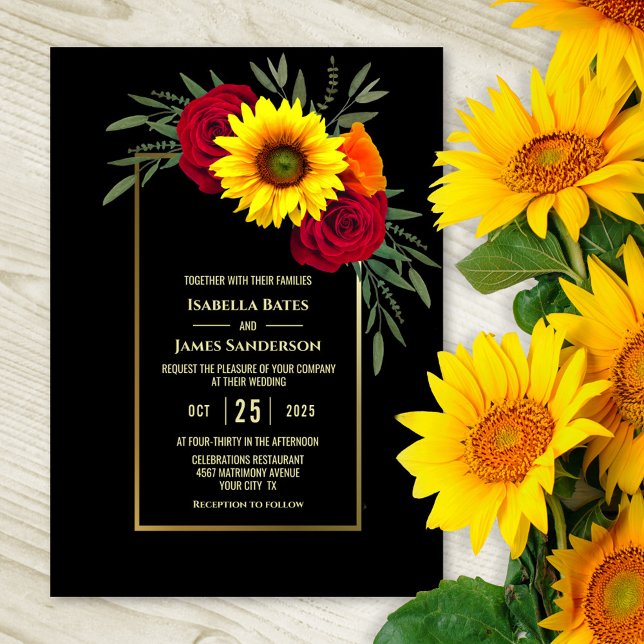 Invitation Mariage Rose Black Gold Sunflower Bourgogne (Créateur téléchargé)