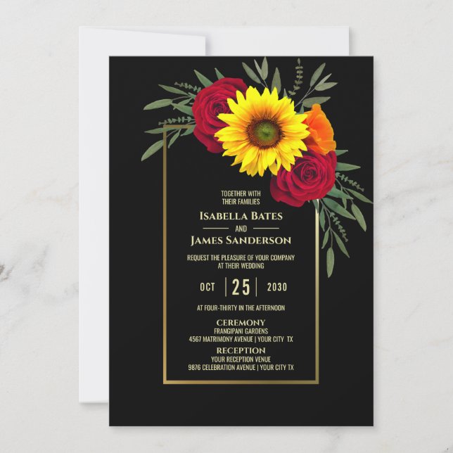 Invitation Mariage Rose Black Gold Sunflower Bourgogne (Devant)