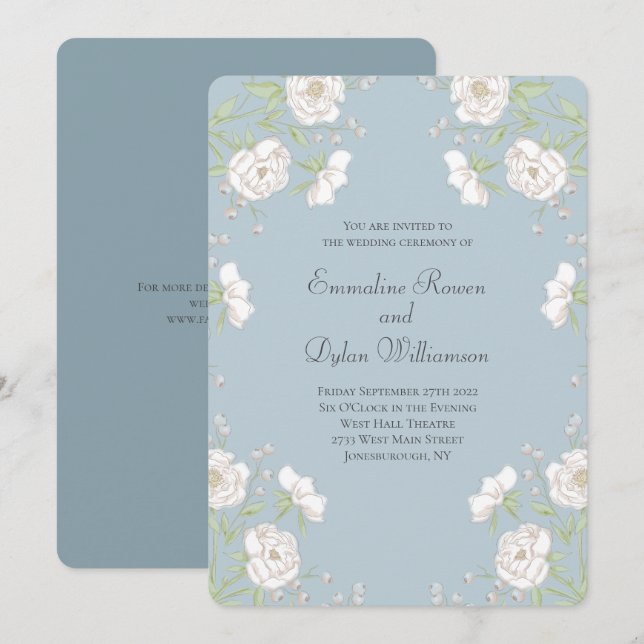 Invitation Mariage Rose Blanche Bleu Poussiéreux (Devant / Derrière)