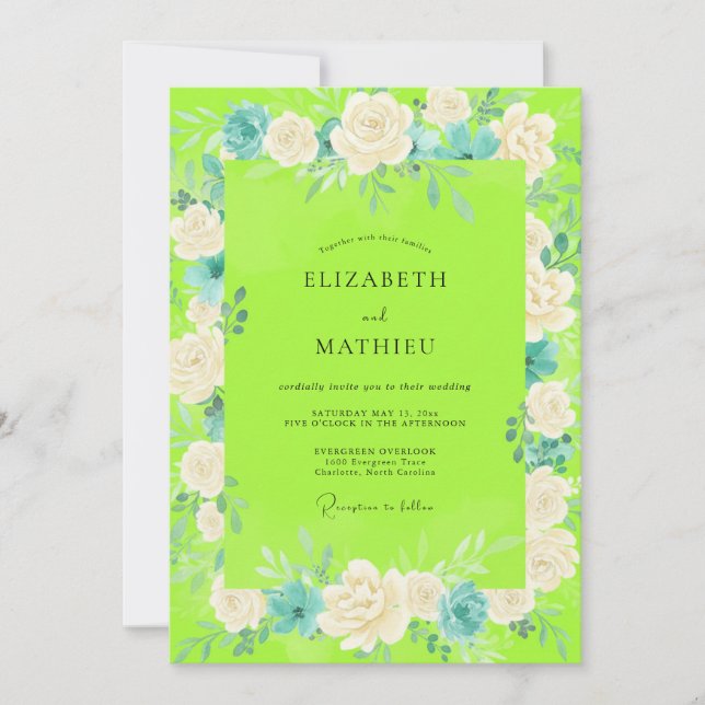 Invitation Mariage Rose Blanche Chartreuse (Devant)