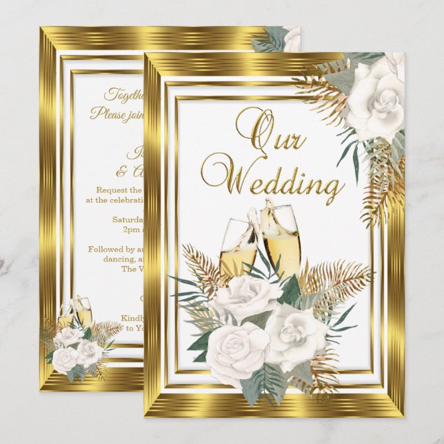 Invitation Mariage Rose Blanche Or Champagne Or 2 (Devant / Derrière)