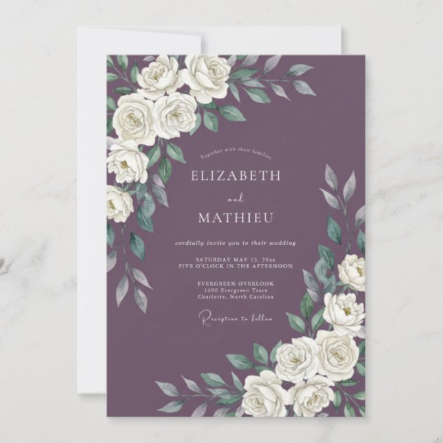 Invitation Mariage Rose Blanche Prune (Devant)