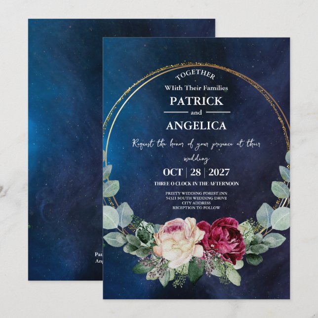 Invitation Mariage rose bleu bleu de la marine moderne (Devant / Derrière)