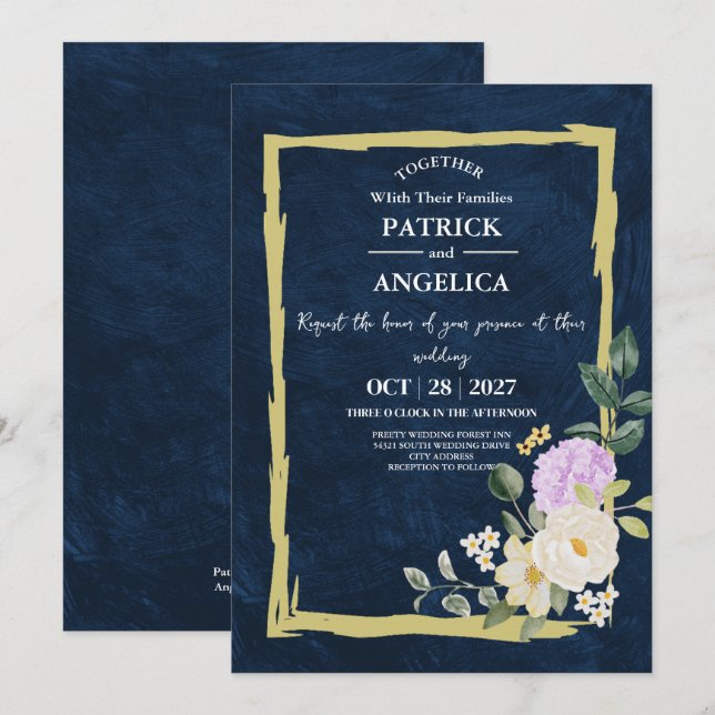 Invitation Mariage rose bleu bleu de la marine moderne (Devant / Derrière)