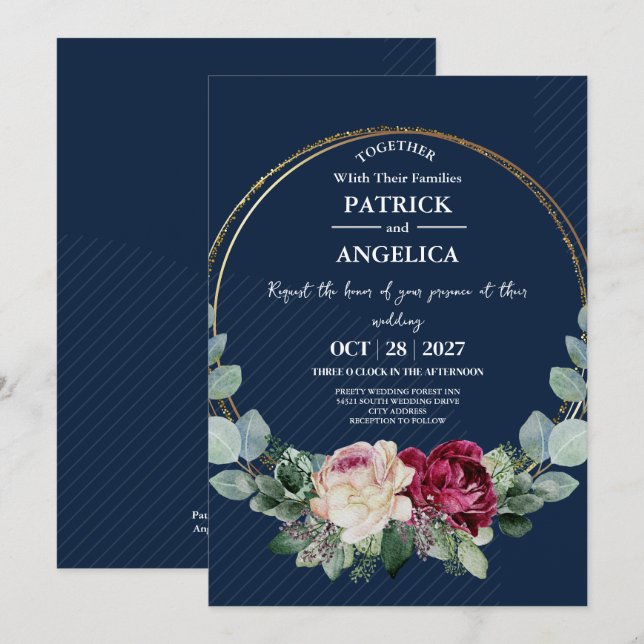Invitation Mariage rose bleu bleu de la marine moderne (Devant / Derrière)