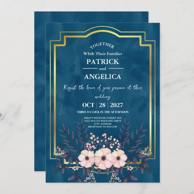 Invitation Mariage rose bleu bleu de la marine moderne (Devant / Derrière)