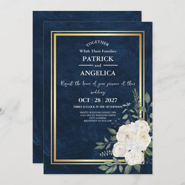Invitation Mariage rose bleu bleu de la marine moderne (Devant / Derrière)