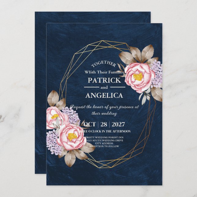 Invitation Mariage rose bleu bleu de la marine moderne (Devant / Derrière)