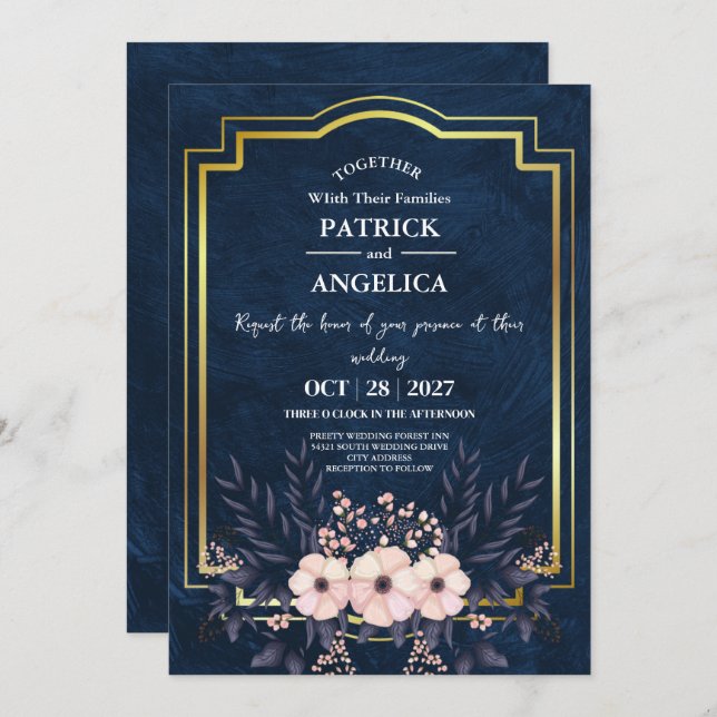 Invitation Mariage rose bleu bleu de la marine moderne (Devant / Derrière)