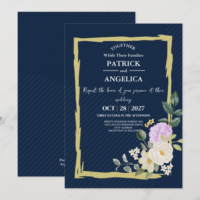 Invitation Mariage rose bleu bleu de la marine moderne (Devant / Derrière)