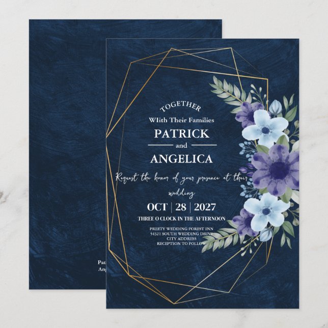 Invitation Mariage rose bleu bleu de la marine moderne (Devant / Derrière)
