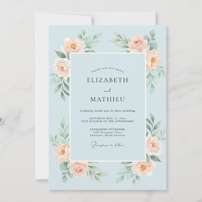 Invitation Mariage Rose Bleu Ciel de Style Impressionniste (Devant)