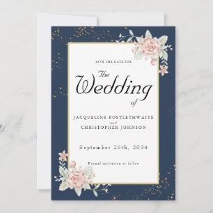 Invitation Mariage Rose Bleu Marine Enregistrer La Date