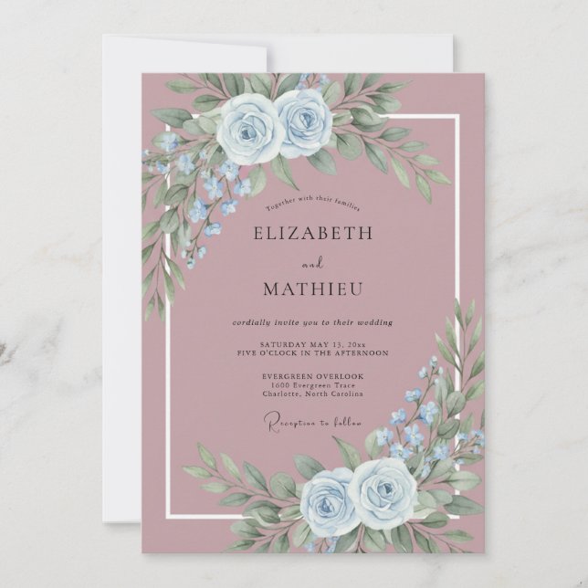 Invitation Mariage Rose Bleu Pâle Mauve Éthéré (Devant)