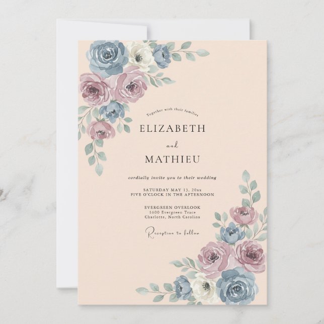 Invitation Mariage Rose Bleu Poussiéreux (Devant)