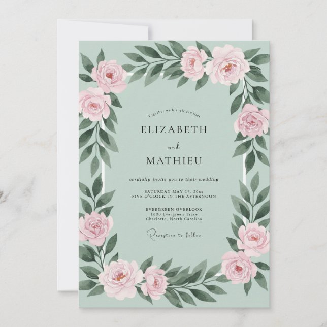 Invitation Mariage Rose Blush Menthe (Devant)