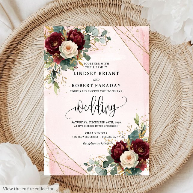 Invitation Mariage Rose Boho Maroon Gold Blush (Timeless Boho Maroon Gold Blush Roses Wedding Invitation)