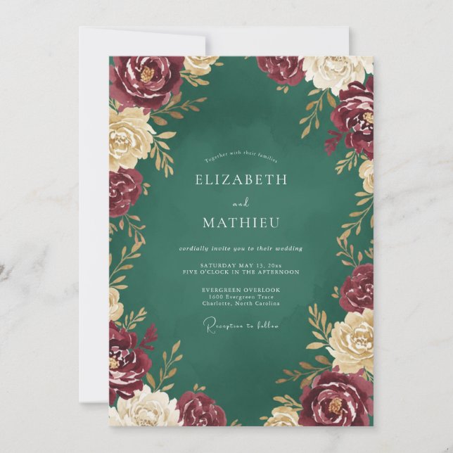 Invitation Mariage Rose Bourgogne Émeraude (Devant)