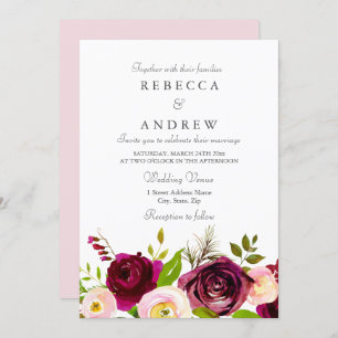 Invitation Mariage rose Bourgogne & Fleurs rousses Inviter