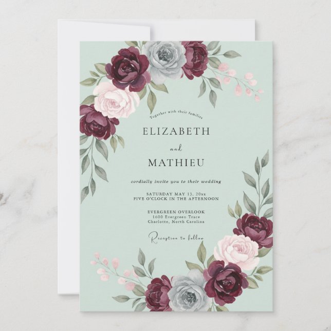 Invitation Mariage Rose Bourguignon Seduisant (Devant)