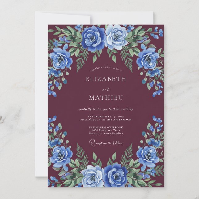 Invitation Mariage Rose Bourguignonne Luxuriante Bleue (Devant)